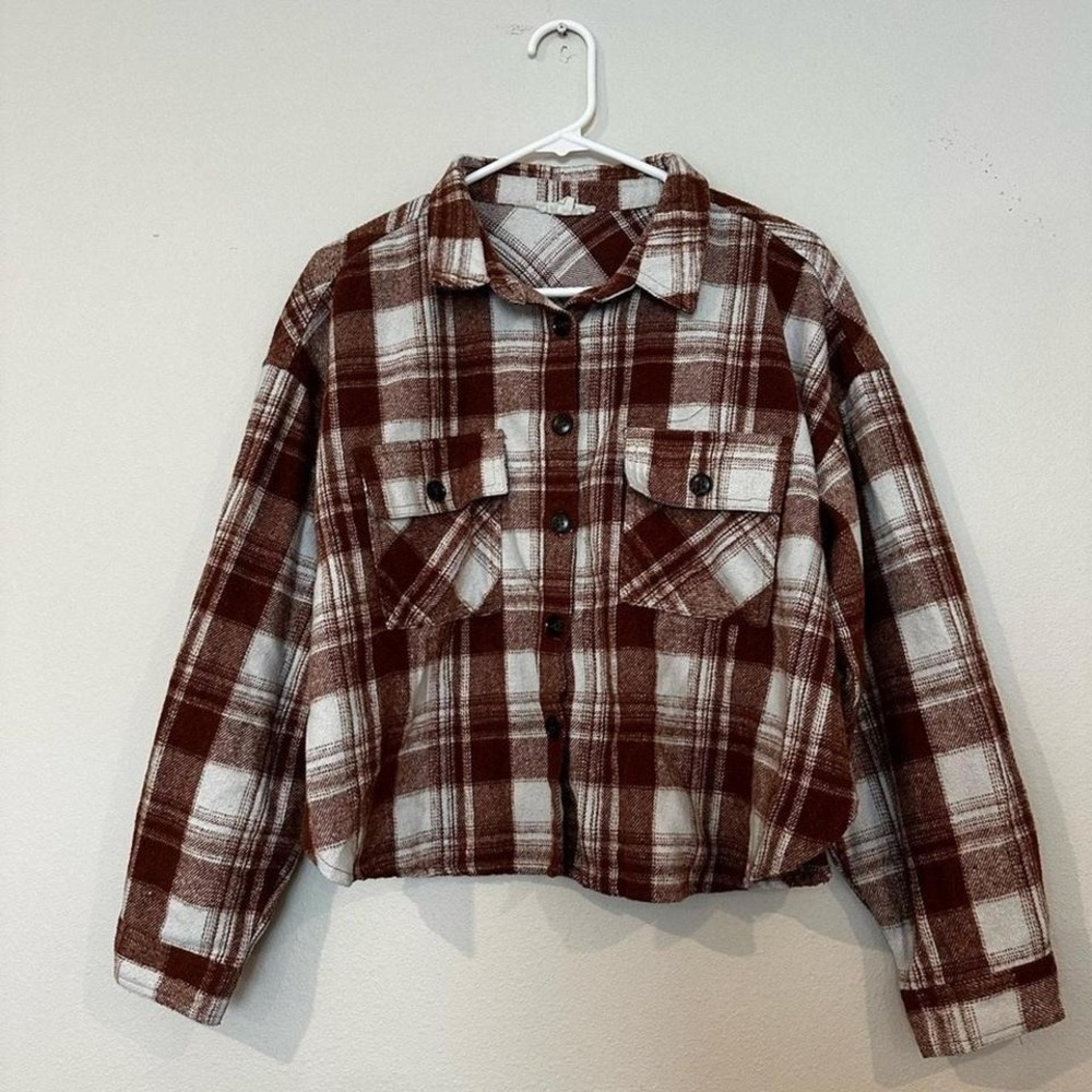 Cropped brown and cream women's flannel button up Shacket in a size large